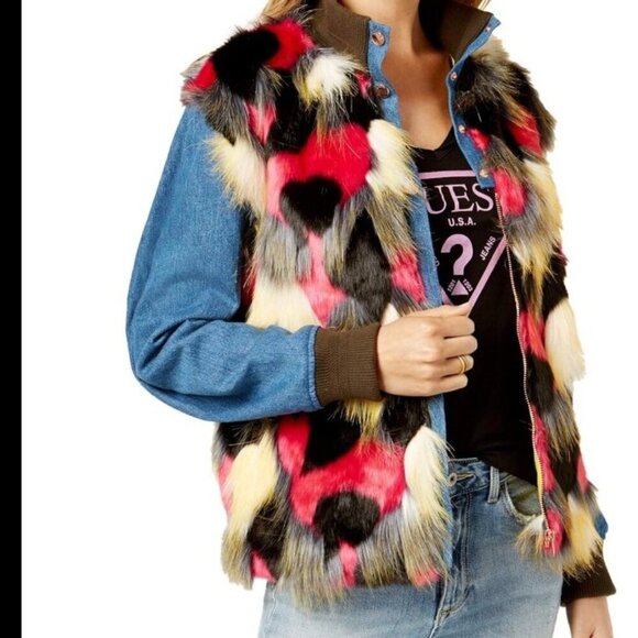 GUESS LA SZ S Women's Multi-color Faux-Fur & Denim Zip Front Bomber Jacket - Picture 2 of 12